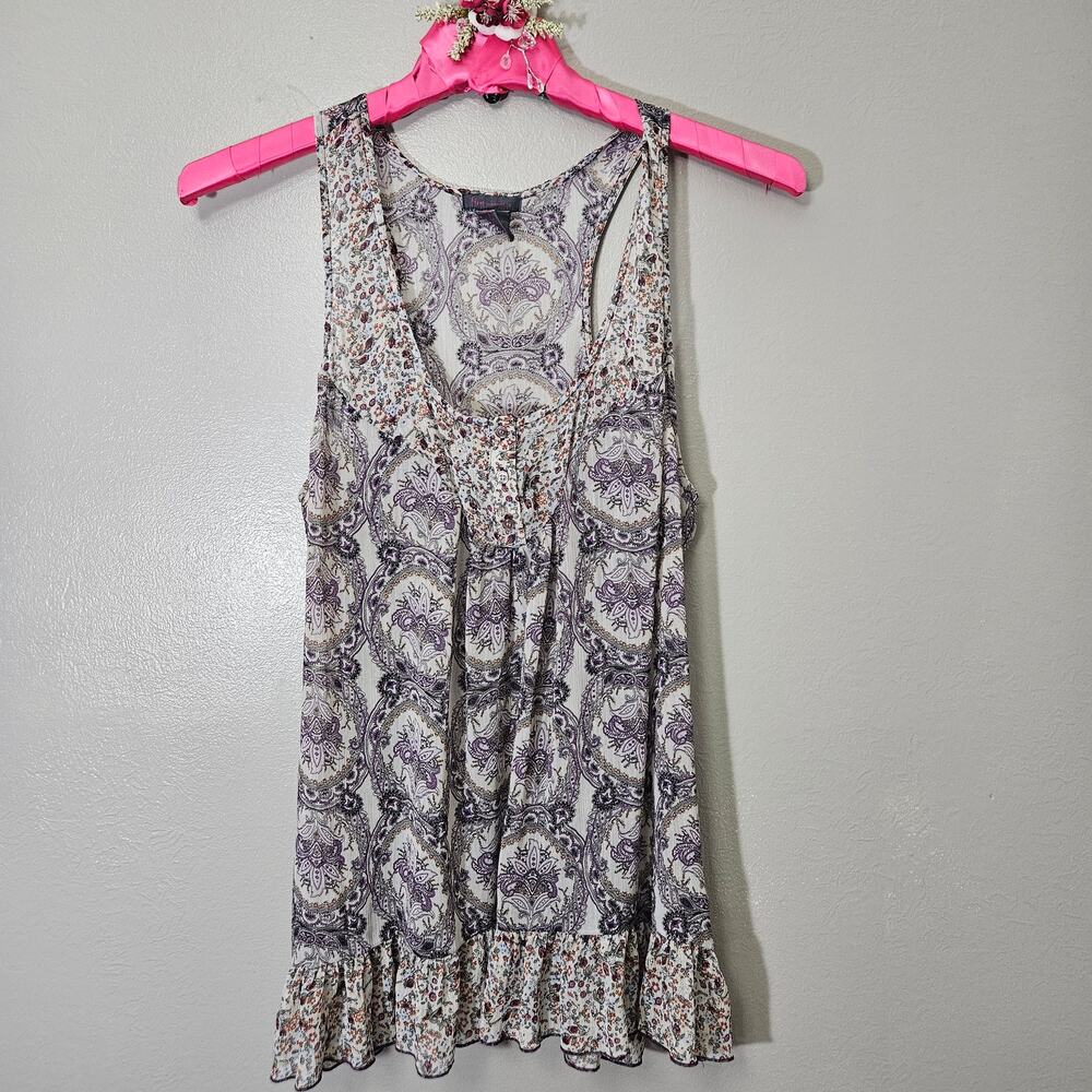 Fire Los Angeles Paisley Floral Tank Top XL Purple Boho Ruffle Hem Racerback